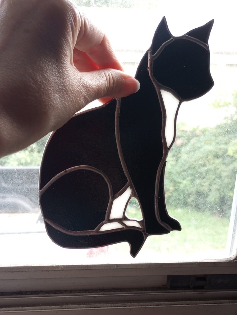 Black & White Tuxedo Cat Real Stained Glass Vintage Art
